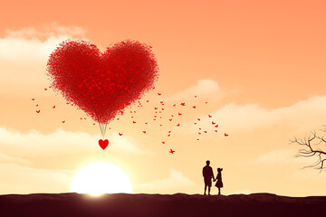 A Valentine's day card.Love and romance illustration,silhouettes of a couple with a big heart above.