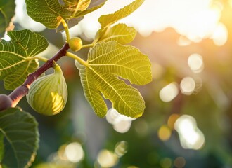 Fig grows on a tree in the harvest garden on evernig sun flare with copy space. AI Generated.