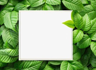 creative layout, green leaves with white square frame . AI Generated.