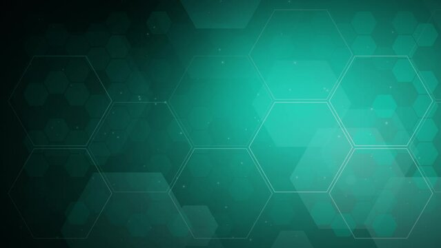 Futuristic flat dark green background with a pattern of animated hexagons. Science concept with flying particles. Looped animation.