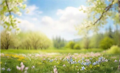 Fototapeta premium A Blurred Nature Scene with a Blossoming Glade, Lush Trees, and a Clear Blue Sky on a Sunny and Serene Day.