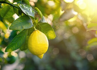 lemon grows on a tree in the harvest garden on everning sun flare blur bokeh background. AI Generated.