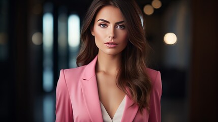 A beautiful brunette wearing natural makeup, fashion clothes, and a casual dress code in an office style with a total pink blouse and pants suit is dressed in this romantic outfit for a - obrazy, fototapety, plakaty