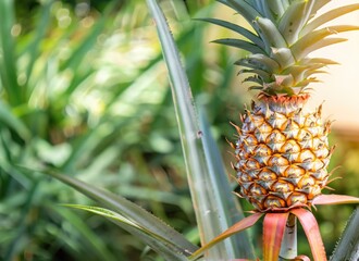 pineapple grows on a tree in the harvest garden on everning sun flare, blur bokeh background. AI Generated.