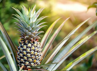 pineapple grows on a tree in the harvest garden on everning sun flare, blur bokeh background. AI Generated.