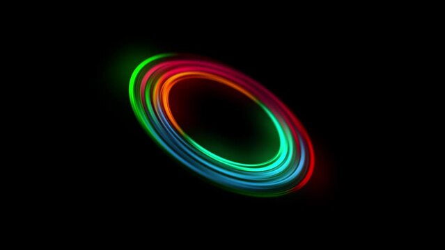 Neon circle lights abstract background for colorful vortex concept. Bright shiny round border for presentation slide.