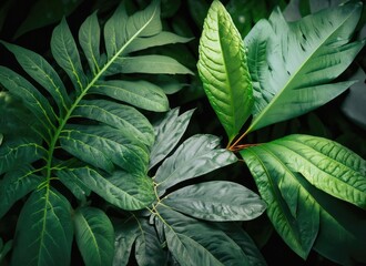 Tropical green leaves on dark background, nature summer forest plant concept. AI Generated.