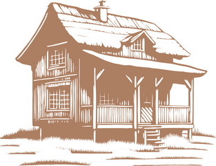 Traditional finnish old rural house in the countryside. Hand drawn vector illustration