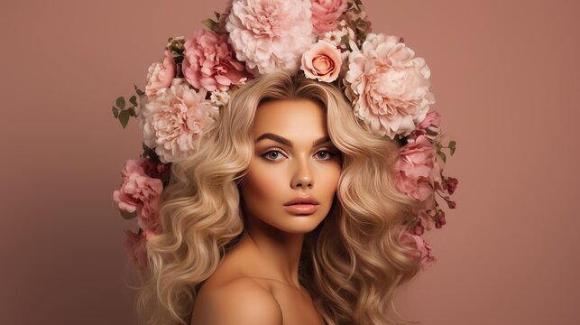 A beautiful wreath made of flowers on a light pink background is being worn by a pretty woman