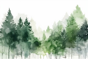 Green watercolor forest on white background. Generative AI - obrazy, fototapety, plakaty