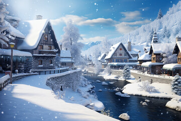 a sunny winter day in a mountain village with a river covered with snow