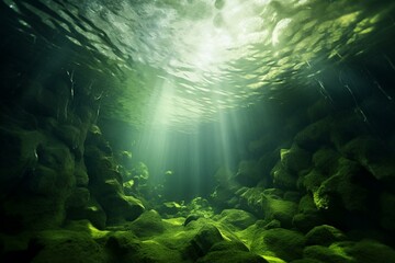 Abstract underwater landscape with green algae as a background. Generative AI - obrazy, fototapety, plakaty