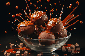 Sweet chocolate candies with floating melting caramel on a black background. Delicious dessert idea...