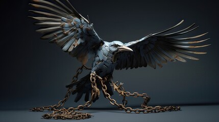 Bird with chain in his foot on a dark background