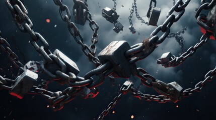 Broken chains with locks on a dark background