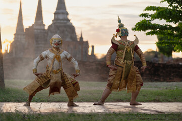 Pantomime (Khon) is traditional Thai classic masked play enacting scenes from the Ramayana in a public place at Wat Phra Si Sanphet, Ayutthaya, Thailand