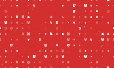 Seamless background pattern of evenly spaced white alarm clock symbols of different sizes and opacity. Vector illustration on red background with stars