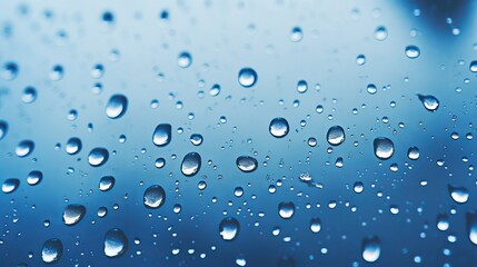 An abstract view of water and rain drops on glass. Rain drops on a blue glass background. Rain drops on glass after rain.