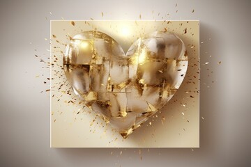 Elegant square banner with abstract gold heart on beige background. Generative AI
