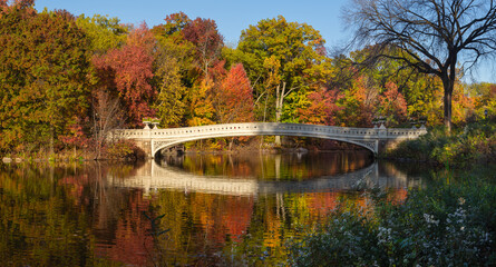 Panoramic view of Central Park West Historic District with Bow Bridge and The Lake in autumn. Upper West Side of Manhattan. New York City