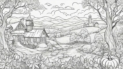 landscape with a tree black and white, coloring book page farmhouse pumpkin