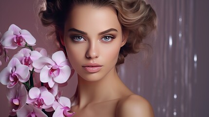 An attractive woman with orchid flowers, a beauty model with perfect skin, and professional makeup. Fashion art.