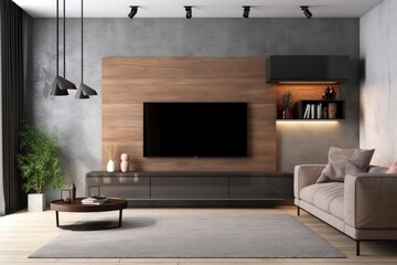  Wall mounted tv and wooden cabinet with gray armchair 