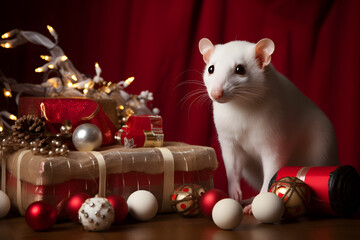 Fototapeta na wymiar A white weasel in a Christmas setup. Studio portrait, winter festive season template.