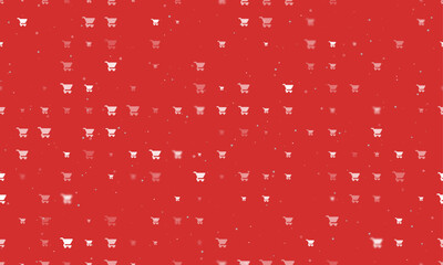 Seamless background pattern of evenly spaced white shopping cart symbols of different sizes and opacity. Vector illustration on red background with stars