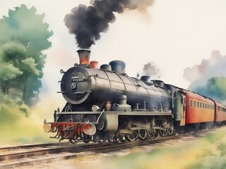 Fototapeta na wymiar Transport yourself back in time with this beautiful painting that brings the majesty of old-fashioned trains to life.