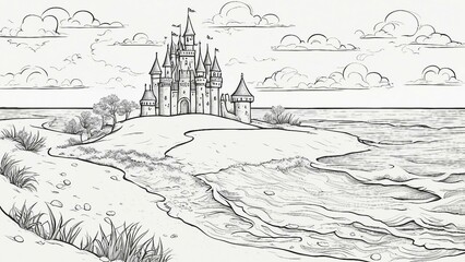 landscape with a castle on the beach in the sand, black and white, coloring book page illustration,         A sand with a castle, built by a child.