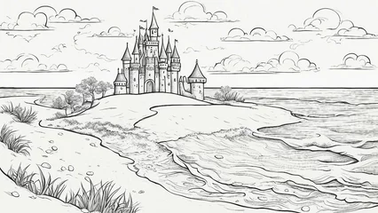 Fotobehang landscape with a castle on the beach in the sand, black and white, coloring book page illustration,         A sand with a castle, built by a child. © Jared