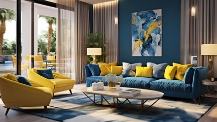 Dynamic Blue and Yellow Living Room
