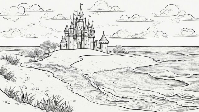 landscape with a castle on the beach in the sand, black and white, coloring book page illustration,         A sand with a castle, built by a child.