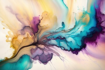 Abstract background of acrylic paint in blue, yellow, purple and pink tones