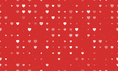 Seamless background pattern of evenly spaced white hearts of different sizes and opacity. Vector illustration on red background with stars