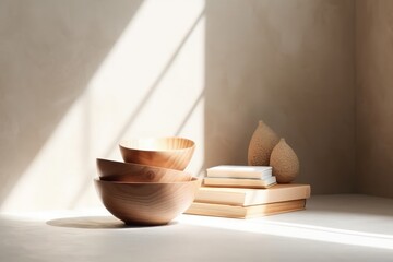 Wooden bowl stack of books on white stone counter table