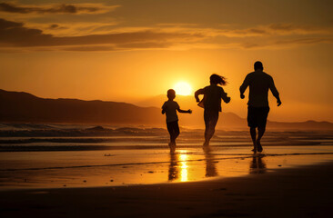 Generative AI illustration of happy family playing on the beach