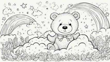 teddy bear cub black and white, coloring book, page                          A bear with paws and a bow, dreaming 