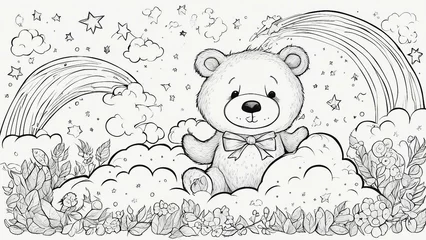 Fotobehang teddy bear cub black and white, coloring book, page                          A bear with paws and a bow, dreaming  © Jared