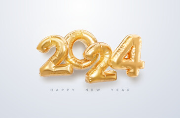 Happy New 2024 Year. Vector holiday illustration. 2024 golden foil balloons on white background. Gold helium balloon numbers. . Realistic 3d sign. Design element for festive poster or banner design - 666697315