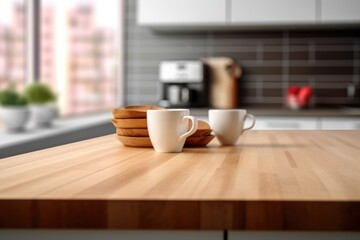 Fototapeta na wymiar Wooden table top on blur kitchen room
