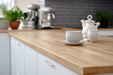 Fototapeta premium Wooden table top on blur kitchen room