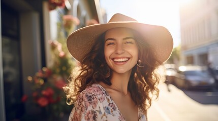 A beautiful young woman is wearing a summer-style outfit, smiling and laughing as she walks down the city street with flowers, wearing a straw hat for fashion, and sitting on the stairs.