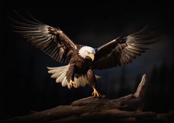 eagle landing branch wings spread matte patriotism disgusted fear inspiring mood arms ready fly clothed worrier armor torchlit