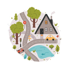 Naive City Map with Cartoon Road, Car and House Vector Illustration