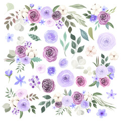 Set of hand painted watercolor purple flowers