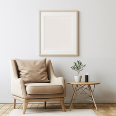 Comfortable Chair Neutral Picture Frame Mockup with Light Wood and White Walls