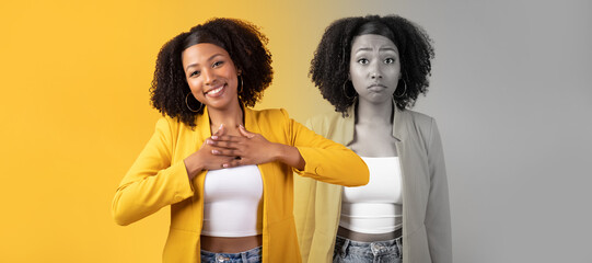Cheerful, tired unhappy millennial black woman make gratitude gesture with hands