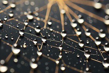 Close-up picture of water drops trapped in a spider's web. Generative AI